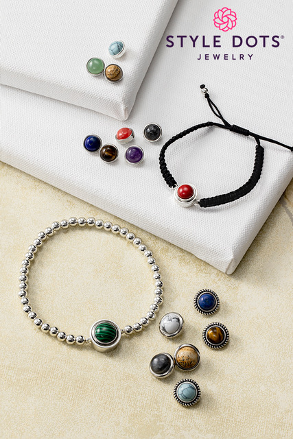 Multiple semi precious stone Dots and Dotlets are shown in and around two of our many Original and Dotlet bracelets.